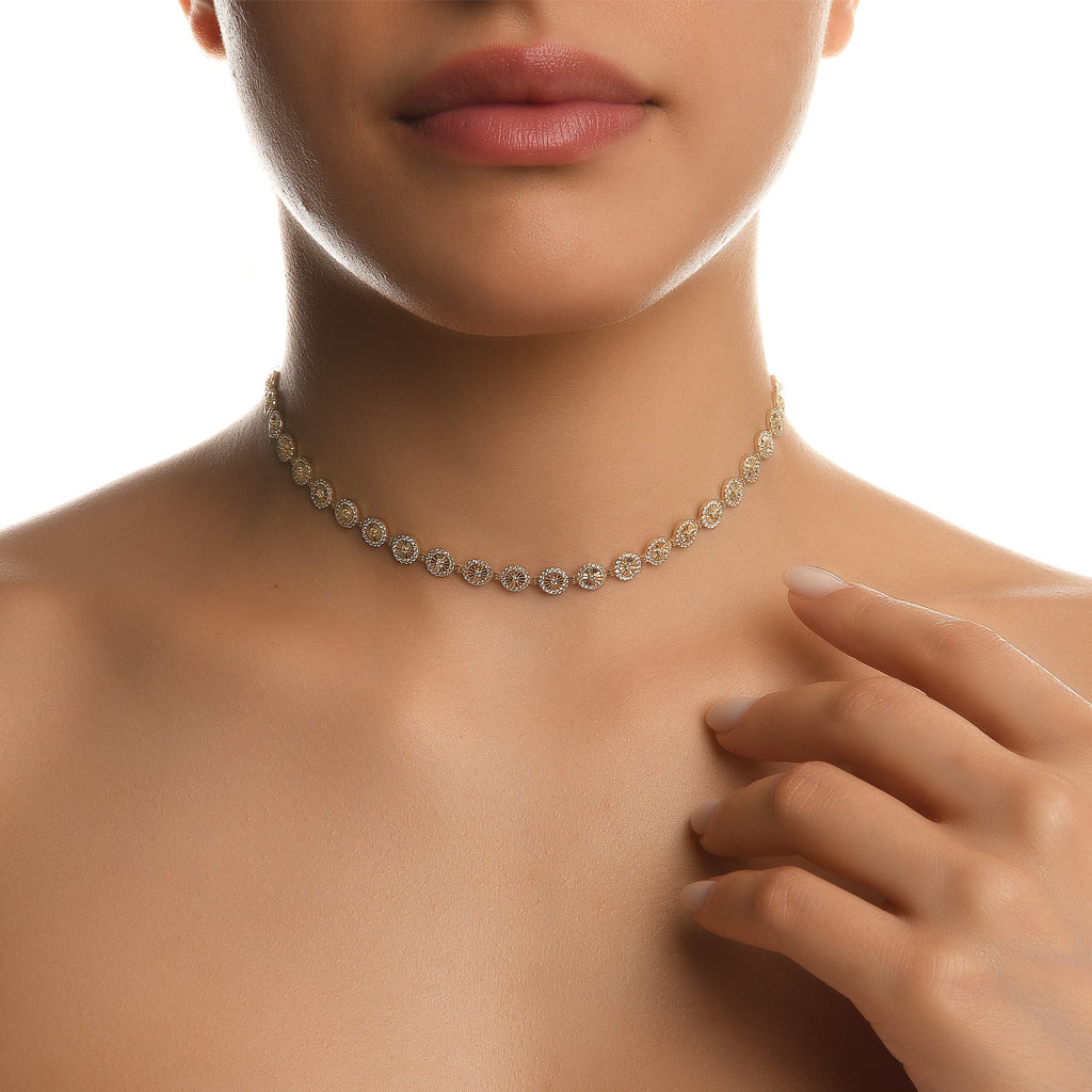 Flamenko Ardışık Sıralı Taşlı Altın Choker Kolye